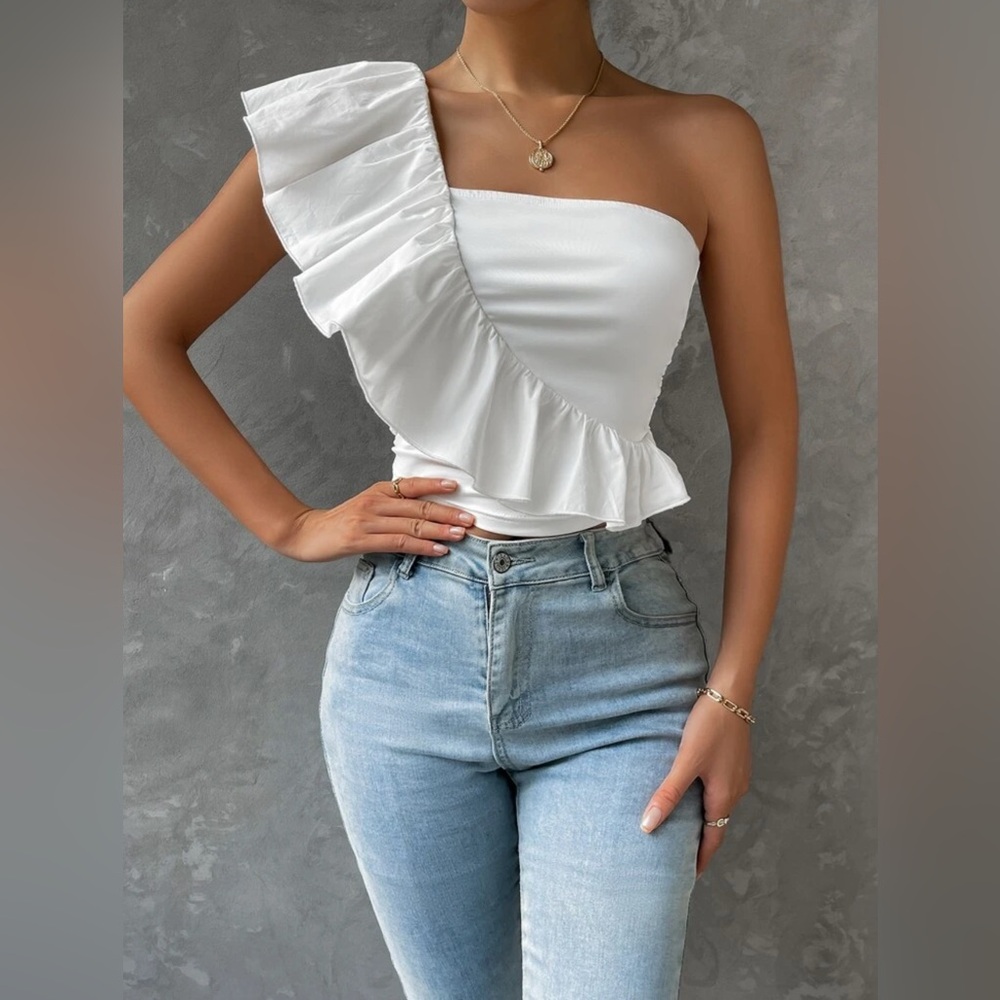 Elegant White Ruffle One-Shoulder Top